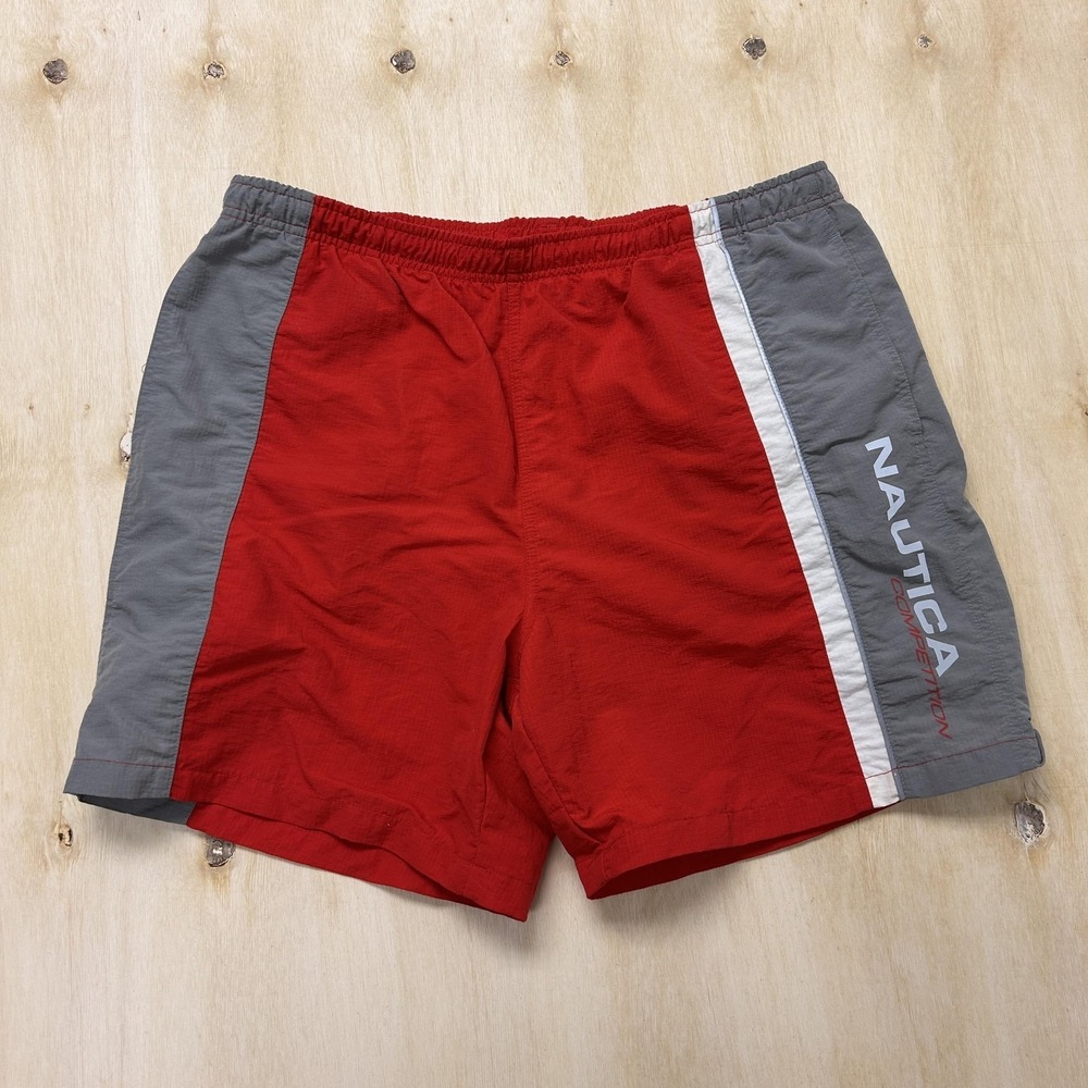 Y2K Nautica Competition Swim Shorts Mens Medium Red Lined Elastic Waist Trunks